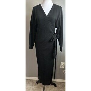 NWT Pretty Lavish Black Knit Wrap Midi Dress Long Sleeve Bodycon A-line Size XS